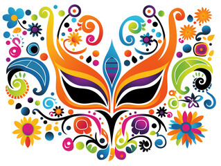 Ink and watercolor illustration representing a mask with abstract floral ornaments and colors, happy feeling, emotion, to go to a party and masquerade ball, dancing shapes on transparent background