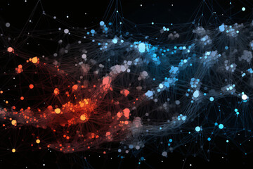 Wall Mural - Network graphic with blue and orange nodes interconnected on black