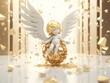 Funny malicious Christmas angel decoration, mischievious cherub ornament with white wings and golden hair on a golden Xmas bauble, broken golden ball, festive holiday decoration, getting into mischief