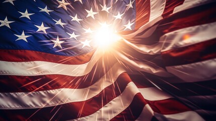 Bright American Flag Starburst with Red Fireworks Bursting in Night Sky