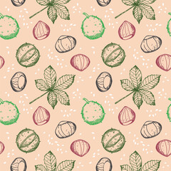 Wall Mural - Chestnuts seamless pattern with plant, fruit, sweet chestnut repeating background. Backdrop with nuts decorative ornament for print, paper, wrapping, card, template, packaging. Vector illustration