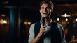 © Adin - Young caucasian man talks joke into microphone or sings songs. Stand up comedian on stage