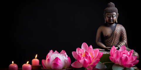 Wall Mural - buddha statue meditate with flowers lotus on dark background. banner vesak day