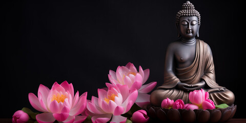Wall Mural - buddha statue meditate with flowers lotus on dark background. banner vesak day