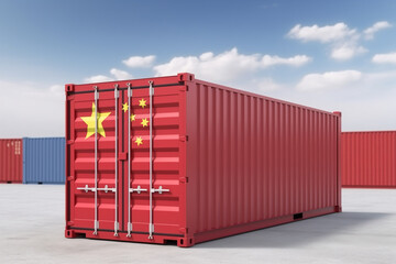 Wall Mural - China export and import logistics concept. Red Container with yellow star in port