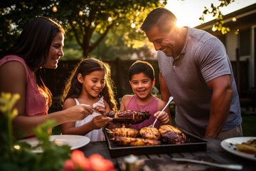 Wall Mural - Happy Hispanic family enjoying a barbecue in their backyard on a sunny day. Family bonding and outdoor fun with delicious food and warm smiles