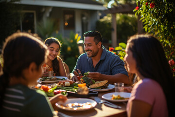 Wall Mural - Happy Hispanic family enjoying a barbecue in their backyard on a sunny day. Family bonding and outdoor fun with delicious food and warm smiles