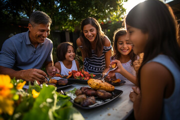 Wall Mural - Happy Hispanic family enjoying a barbecue in their backyard on a sunny day. Family bonding and outdoor fun with delicious food and warm smiles