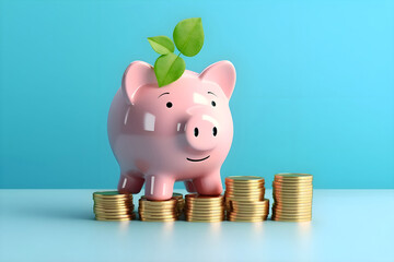 Smiling pink pig piggy bank, a stack of gold coins and a green plant growing, isolated on blue background. Investment success, savings concept