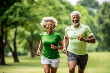 Elderly old couple jogging in a park: Celebrating health and fitness in later life