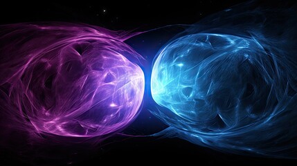 Wall Mural - Image of tho different texture hemispheres made out of glowing blue turbulent swirl connections on the rights side and dark purple plastic on the left side separated and making impact to each other on