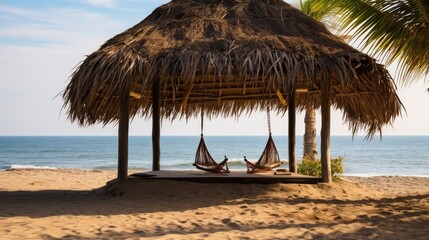 Wall Mural - Man sitting on swing under thatched roof hut at beach, Cartagena de Indias, Colombia.

