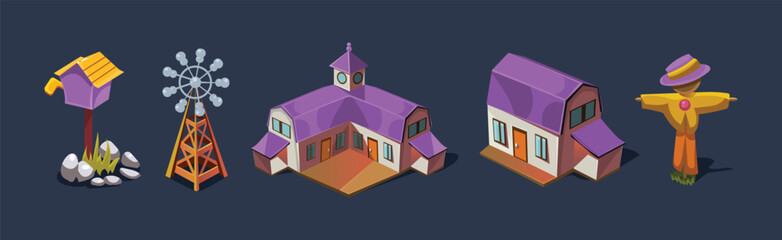 Poster - Post Box, Windmill, House and Scarecrow Game Isometric Element Vector Set