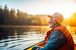 © MVProductions - Retired older man enjoying a peaceful moment while canoeing or kayaking on calm waters during late afternoon or dusk. A serene scene, contemplative solitude and tranquility