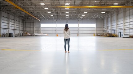 Canvas Print - Woman in an empty hangar with one open door.

