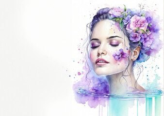 Wall Mural - A fashion ethereal watercolor portrait of beautiful young woman with flowers