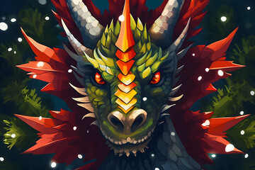 Wall Mural - Dragon face on christmas background, symbol of 2024 new year