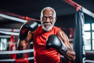 Wall Mural - Portrait of senior african american man showcasing strength and resilience as a boxer, breaking stereotypes with confidence and vitality in his focused exercise routine. Never too old to train