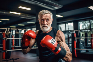 Wall Mural - Portrait of senior man showcasing strength and resilience as a boxer, breaking stereotypes with confidence and vitality in his focused exercise routine. Never too old to train