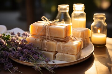 Artisanal soaps tied with twine beside lavender sprigs