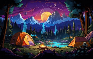 camping scene with tents and campfire generative ai