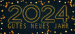 Gutes neues Jahr 2024, Neujahr Grußkarte Feier Karte mit Text, deutsch - Leuchtschrift, leuchhtende Jahreszahl, Rahmen aus Bokeh Lichtern, blauer Hintergrund