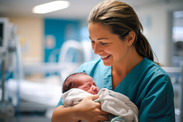 Nurse cradling a newborn baby, displaying genuine emotions of nurture and care for infant. New beginnings moment captured in a modern hospital setting