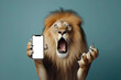 Shocked Lion holding smartphone with white mockup screen on solid color background. ai generative