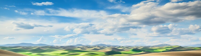 Wall Mural - Peaceful panoramic view of green hills under blue sky and fluffy clouds