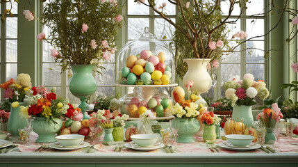 Sticker - Elegant Easter Table Setting with Festive Decor and Spring Flowers