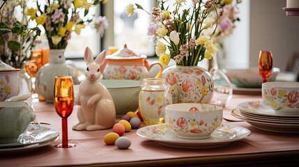 Poster - Festive Easter Brunch Setup with Bunny Motif and Spring Florals