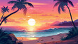 © xxstudio - Tropical beach at sunset with palms. Vector illustration in cartoon style