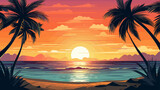 Fototapeta Zachód słońca - Tropical beach at sunset with palms. Vector illustration in cartoon style