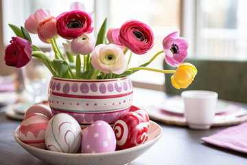 Sticker - A bowl of vibrant pink and white flowers with decorative Easter eggs on a table.