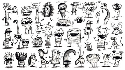 monsters. Funny line hand-drawn aliens for coloring pages. Flat illustration generativ ai