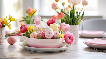 Poster - Fresh Spring Vibes with a Colorful Ranunculus Bouquet. Elegant Easter Table Setting with Ranunculus Flowers Centerpiece