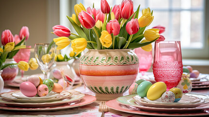 Poster - Elegant Easter Table Setting with Bright Tulip Centerpiece