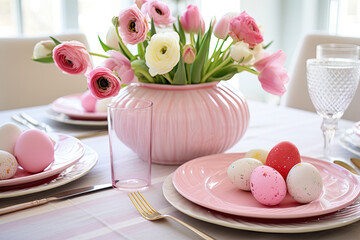 Wall Mural - Colorful spring ranunculus bloom and eggs  on the festive Easter table 