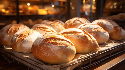 Sunlight filtering through a bakery window onto loaves of bread.