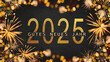 Gutes neues Jahr 2025 Silvester Feiertag Grußkarte mit deutschem Text - Rahmen aus goldenem Feuerwerk in der Nacht, auf schwarzer Beton Textur