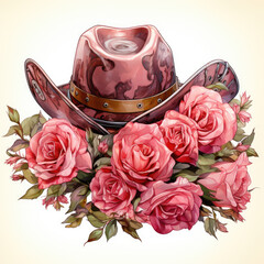 Watercolor Pink Cowgirl Hat with Roses Clipart illustration Generative Ai