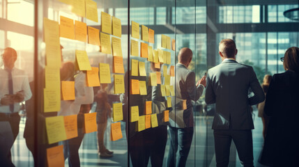 Poster - A professional team engaged in a brainstorming session, using colorful sticky notes on a glass wall to organize their ideas and strategies.