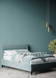 © Viktoriia Lytvyn - Сhic rich luxury bedroom with cyan color bed velor and tiffany or turquoise, teal azure mint painting wall. Minimalist interior design home or hotel. Empty mockup wall for art. Gold detail. 3d render