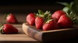 A closeup on a wooden board with fresh red strawberries on a wooden table with beautiful smooth defocused background.