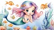 © Carlos - The cute little mermaid interacts with marine life cartoon characters. Watercolor. White background. Generative AI