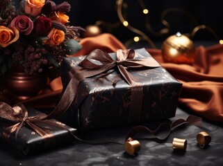 gift presents lying on black table with decorative decor items