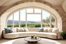 Modern Living Room Interior Design Of A Mediterranean Property. The Room Features A Curved Sofa, A Stone Tiled Wall, And An Arched Window. Generative AI