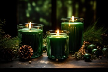 Wall Mural - three green candles on a dark surface, meticulously crafted scenes