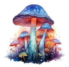 Watercolor Neon Mushroom. Generative AI, Png