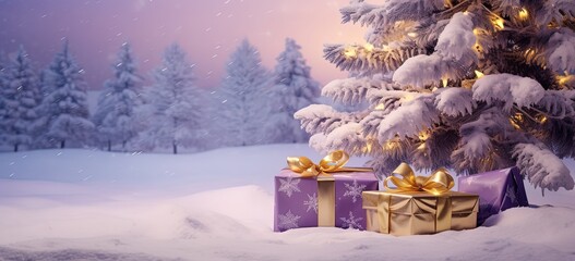 Wall Mural - closeup pink gift box and Christmas tree in winter snow fall night decorated with ribbon, Xmas and new year bokeh light background wallpaper with copy space, Generative Ai